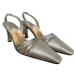 Caparros Miami 2 silver satin closed toe sling back dress shoes rhinestone 10B